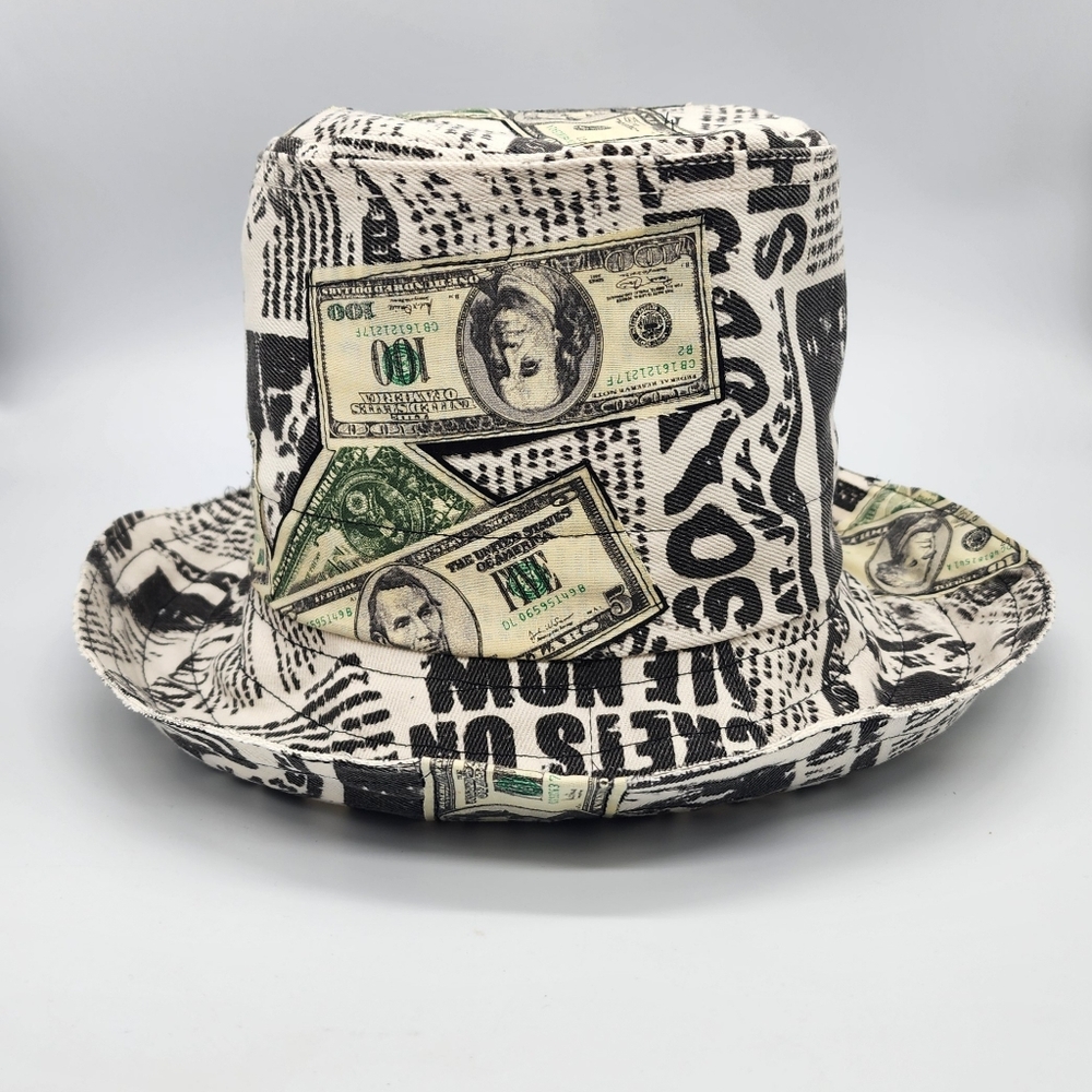 Designer Top Hat Upcycled Denim Dollar print Hand distressing